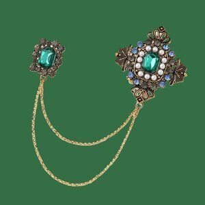 Lapel chain brooch, faux emerald green stone, pearls, gold tone, blazer brooch